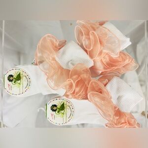 (3 Pair)Peach & White Kids Cotton with Organza Ruffle/Lace Socks.   (4-6yr)  NWT